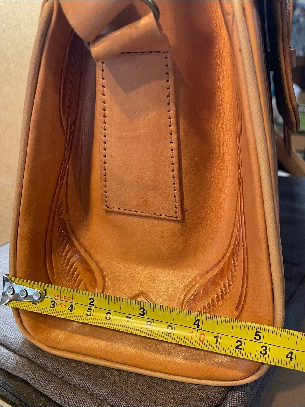 Pymsa Hand-Tooled Aztec Calendar & Floral Tan Leather Satchel made in Mexico